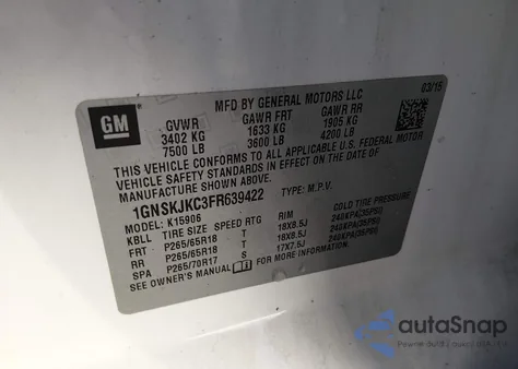 2015 Chevrolet Suburban 1500 Lt z USA, uszkodzony, nr VIN 1GNSKJKC3FR639422